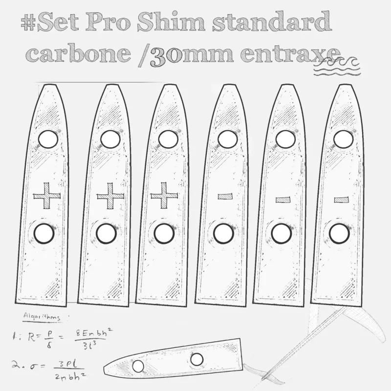 Dessin du kit de 6 cales de shim pour stabilisateur de foil en PLA+carbone. Compatible avec les entraxes de 30mm